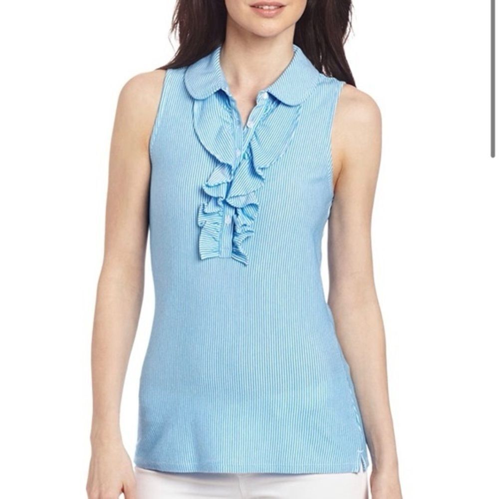 Lilly Pulitzer Drew Ruffle Tank Top Light Blue Striped Pima Cotton Size S